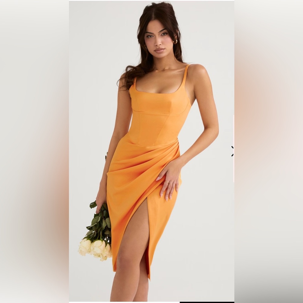 House of CB BIANCA (Tangerine) Satin Pleated Corset Midi Dress NWT - Picture 5 of 9
